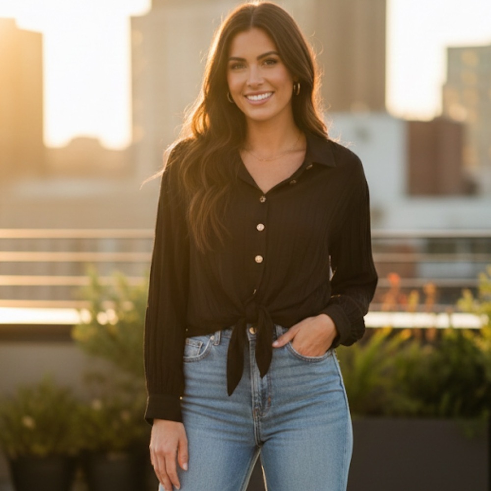 Calligraphie women Black Button-Up Blouse medium NWT